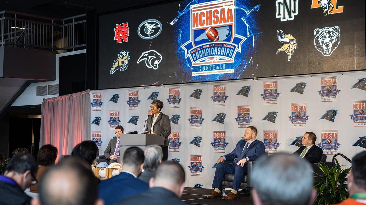 NCHSAA commissioner Que Tucker speaks at a NCHSAA press conference about state championship games in Charlotte, N.C., on Monday, December 5, 2022.