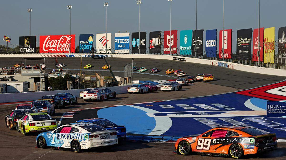 The field goes through turn 11 during the Bank of America ROVAL 400 at Charlotte Motor Speedway Road Course. 