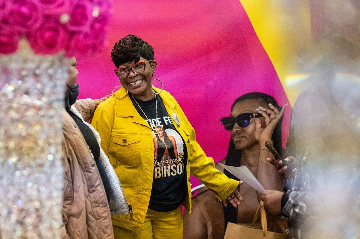 Salamondra Robinson, mother of Shanquella Robinson, greets guests after a rally calling for justice for Shanquella, who died while on vacation in Mexico with friends in October.