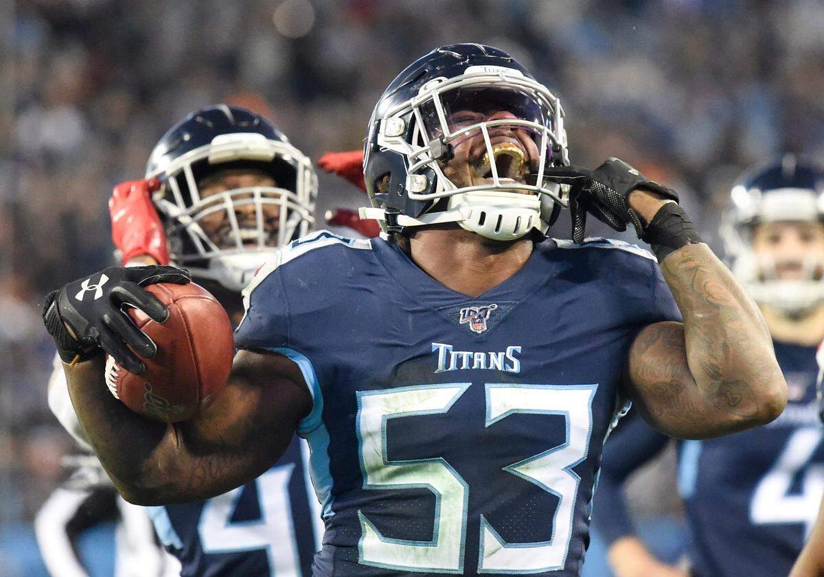 Tennessee Titans linebacker Daren Bates (53) celebrates his fumble recovery during the third quarter at Nissan Stadium Sunday, Nov. 24, 2019 in Nashville, Tenn. Gw43625