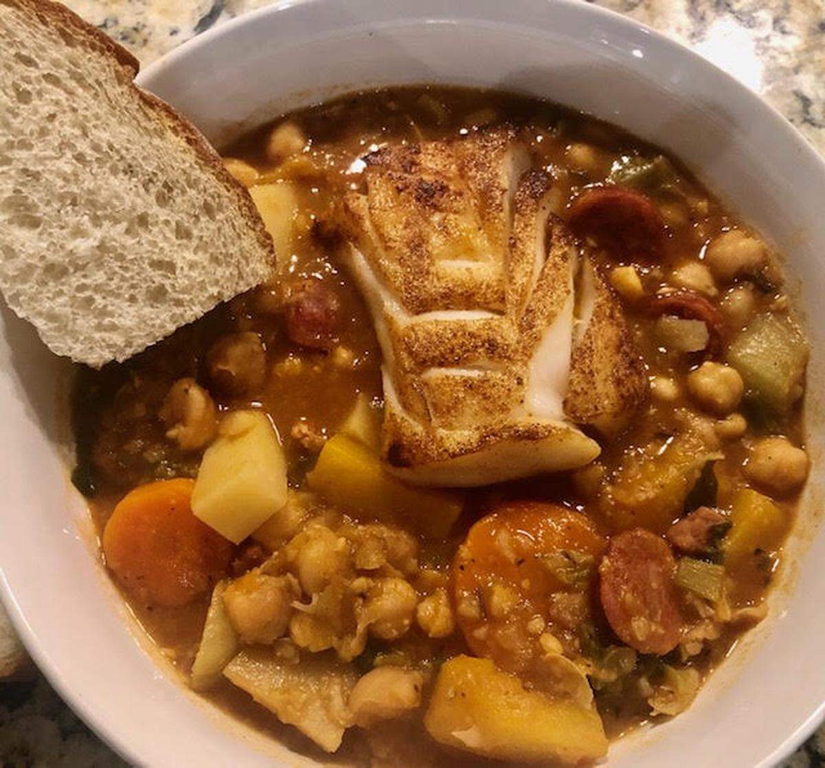 Heidi Korner’s Spanish chickpea, chorizo and cod stew.