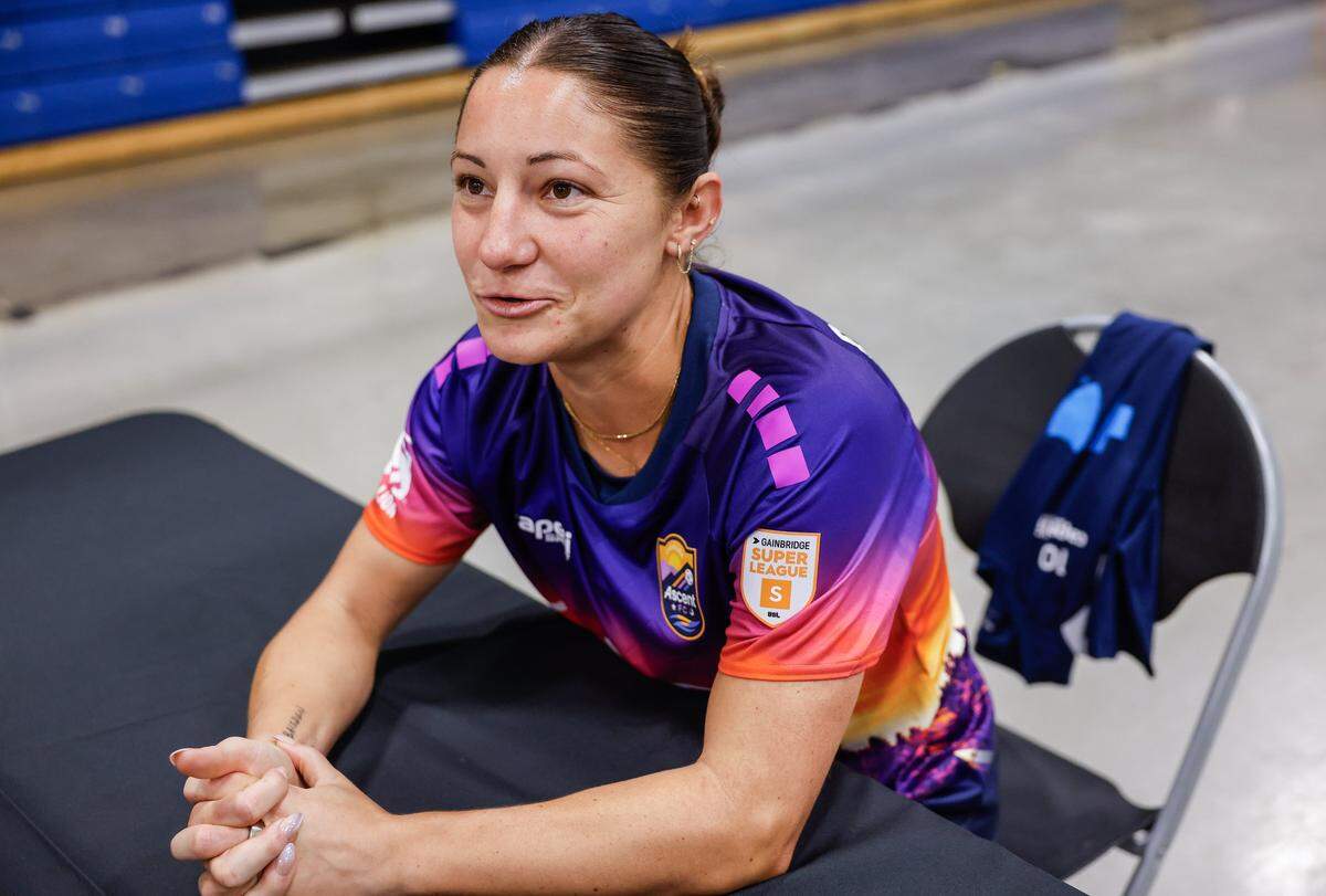Ascent FC forward Rylee Baisden speaks to media at the Grady Cole Center in Charlotte, NC on Wednesday, August 13, 2025. Carolina Ascent FC is one of the eight initial teams of the USL Super League, a new Division One professional women's soccer league which kicked off its Inaugural Season in August 2024.