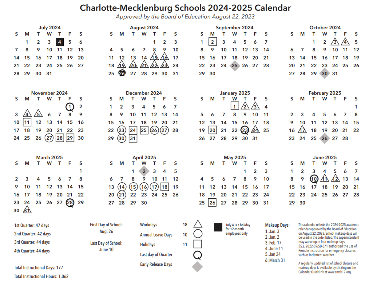 The 2024-25 school calendar for Charlotte-Mecklenburg Schools.