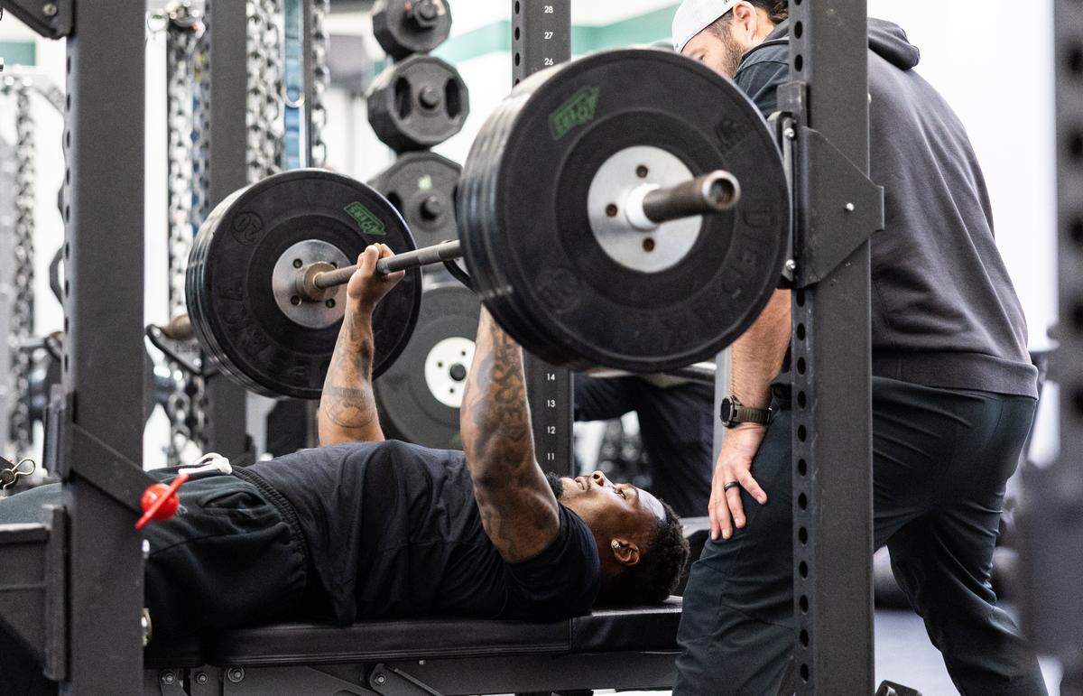 Charlotte 49ers defensive back Ja’Qurious Conley bench presses during pro day at Jerry Richardson Stadium in Charlotte, North Carolina, on Thursday, March 26, 2026.