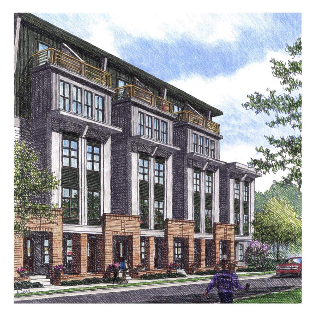 A rendering of Centro NoDa, a 211-apartment complex along 36th Street. The developer is proposing to include retail on the ground level along with a pocket park.