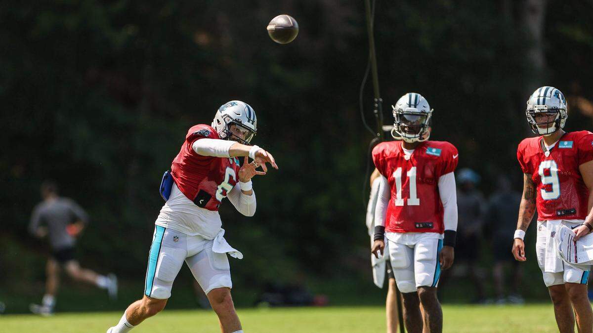 Panthers quarterback Baker Mayfield throws a pass during a drill at Training Camp on Tuesday, August 2, 2022 in Spartanburg, SC.