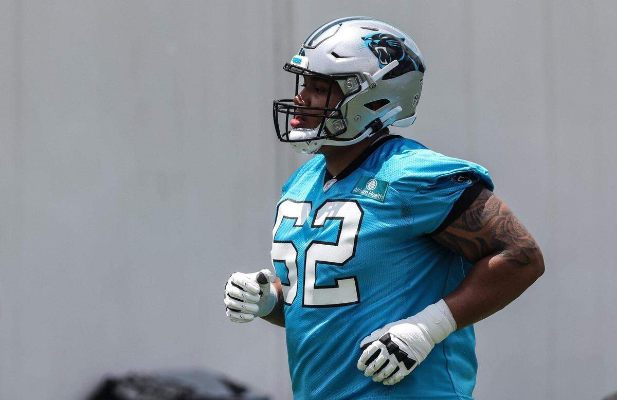 Carolina Panthers Chandler Zavala practices at the team’s 2025 rookie minicamp.