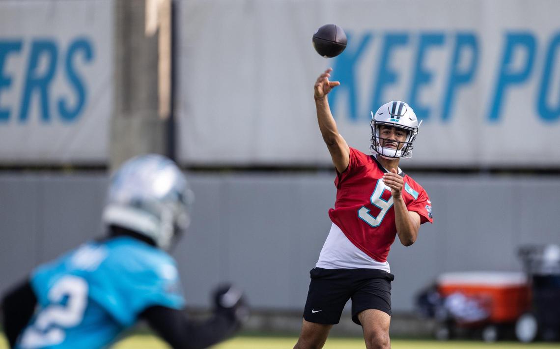 Panthers Bryce Young practices during Carolina Panthers practice in Charlotte, N.C., on Monday, June 1, 2023.