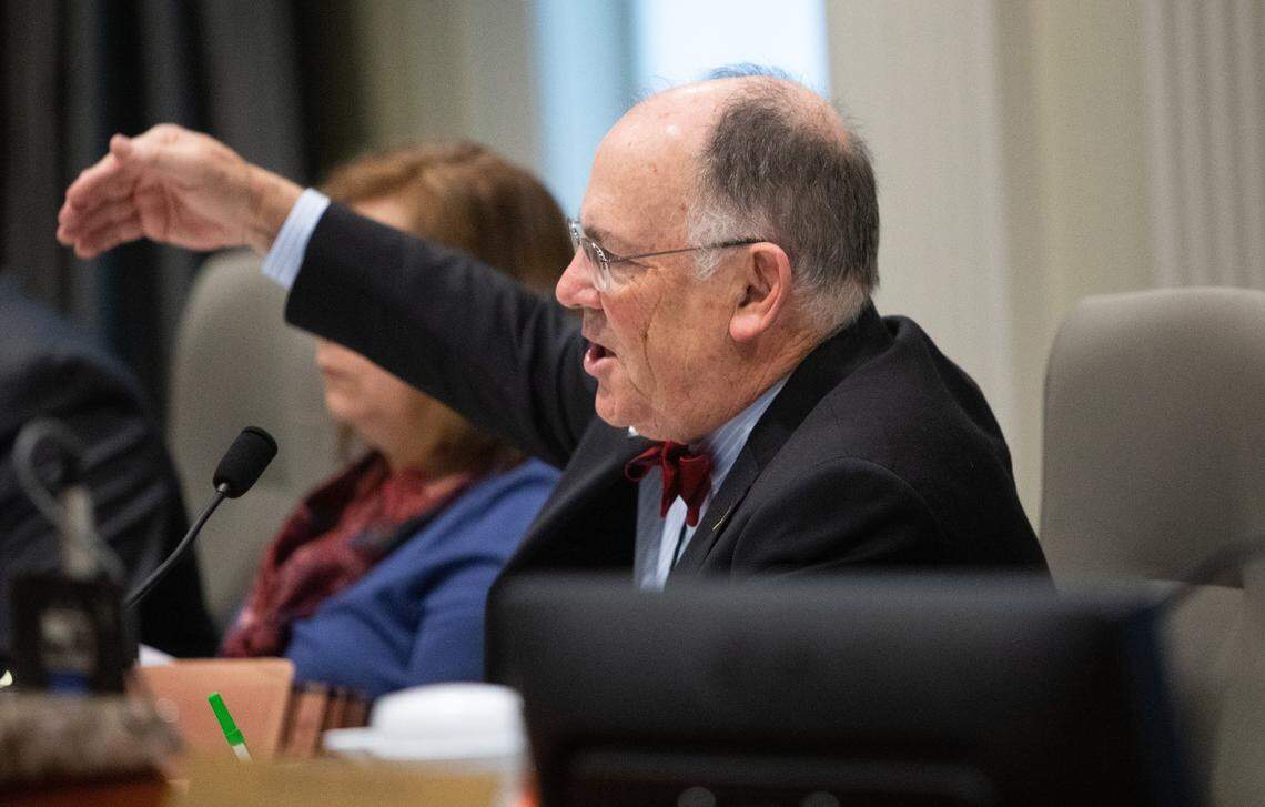 Bob Cordle, state board of elections chairman, asks questions about new documents entered into evidence during the fourth day of a public evidentiary hearing on the 9th Congressional District voting irregularities investigation Thursday, Feb. 21, 2019, at the North Carolina State Bar in Raleigh.