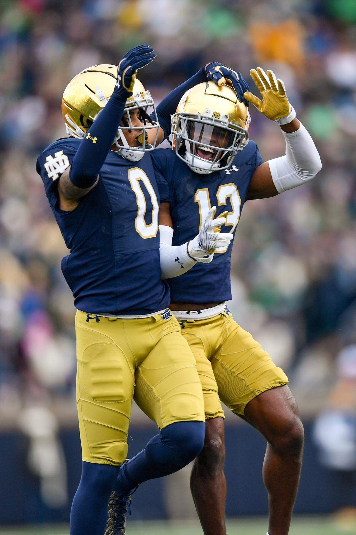 Oct 28, 2023; South Bend, Indiana, USA; Notre Dame Fighting Irish safety Xavier Watts (0) celebrates after an interception against the Pittsburgh Panthers in the second quarter at Notre Dame Stadium.