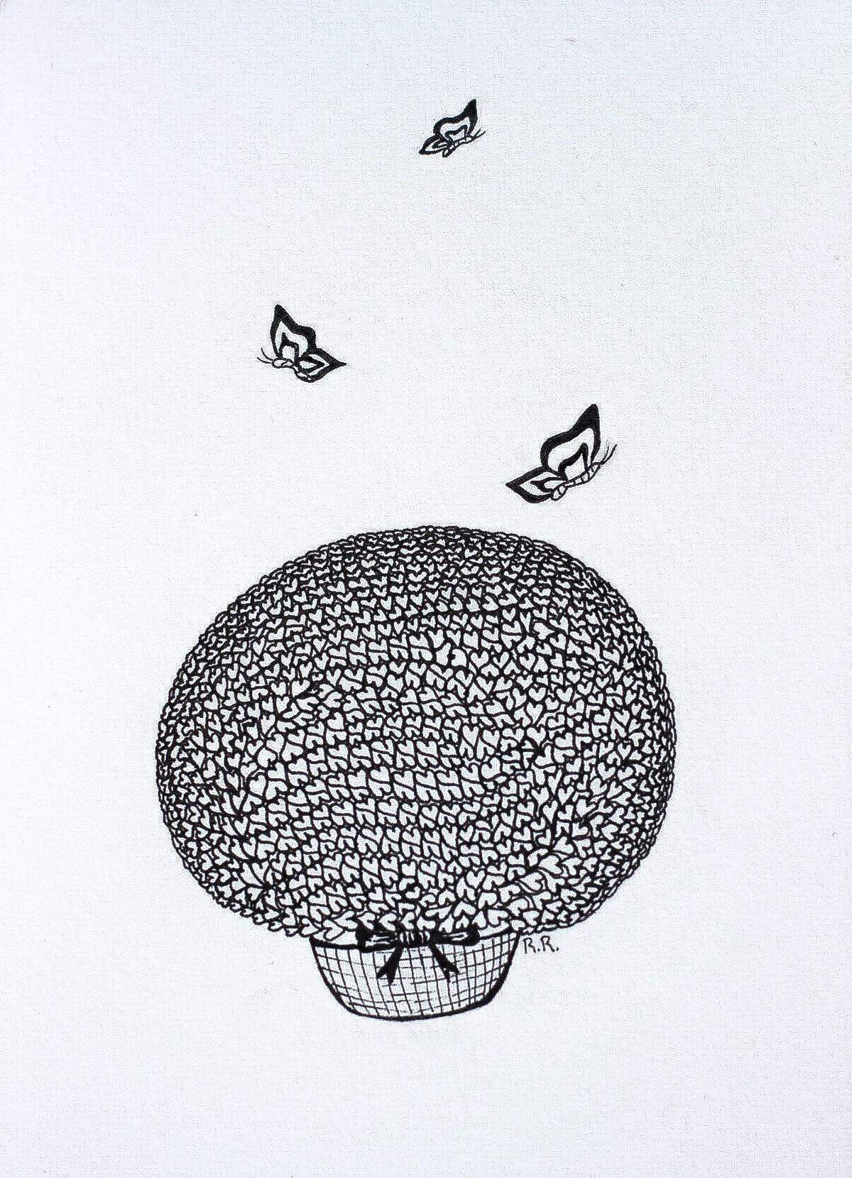 This black and white piece by Rosa Renteria Jimenez is called “Bouquet of Hearts.”