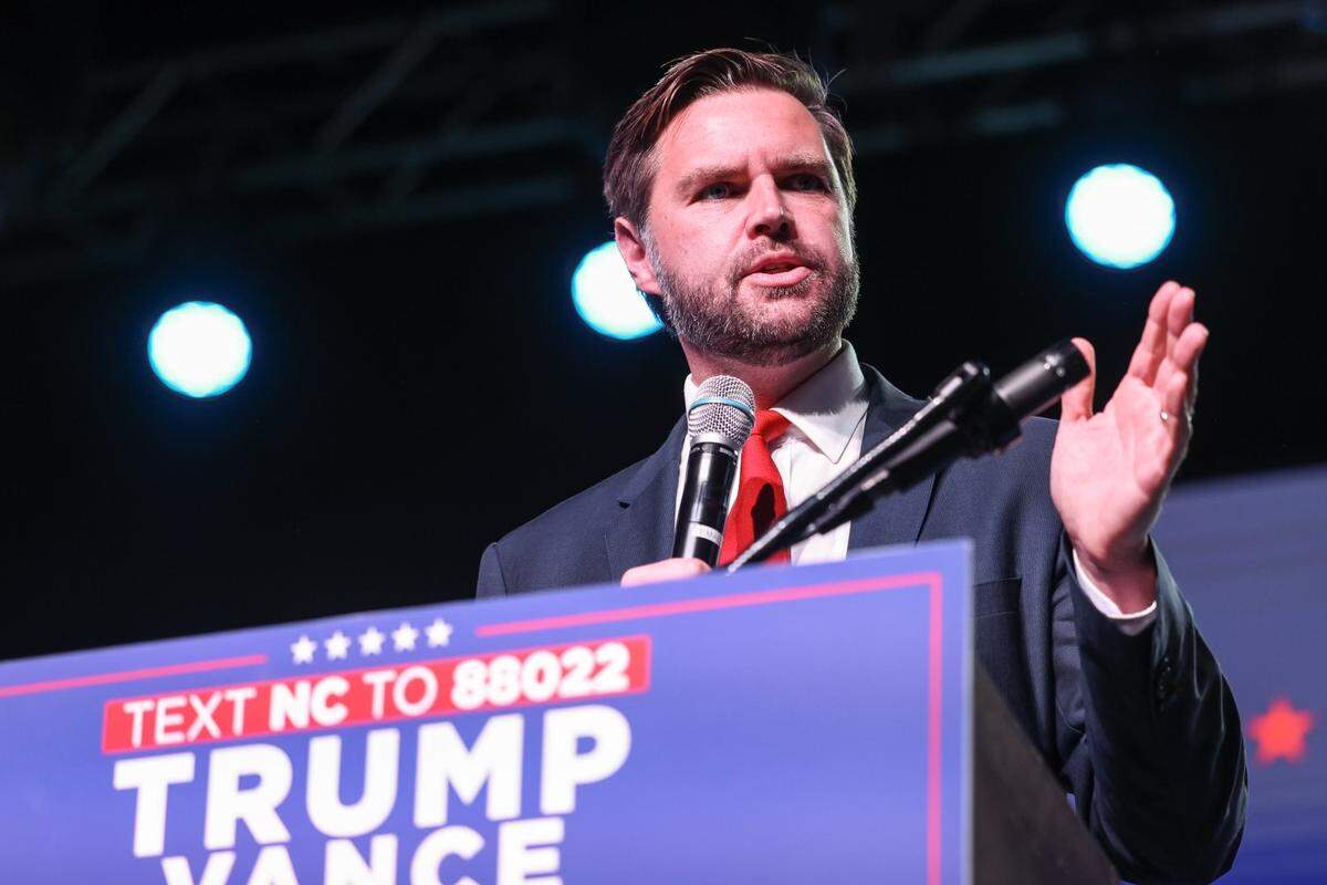 Senator JD Vance, the GOP vice presidential candidate, speaks to supporters during a rally at Freedom House Church in Charlotte, NC on Monday, September 23, 2024.