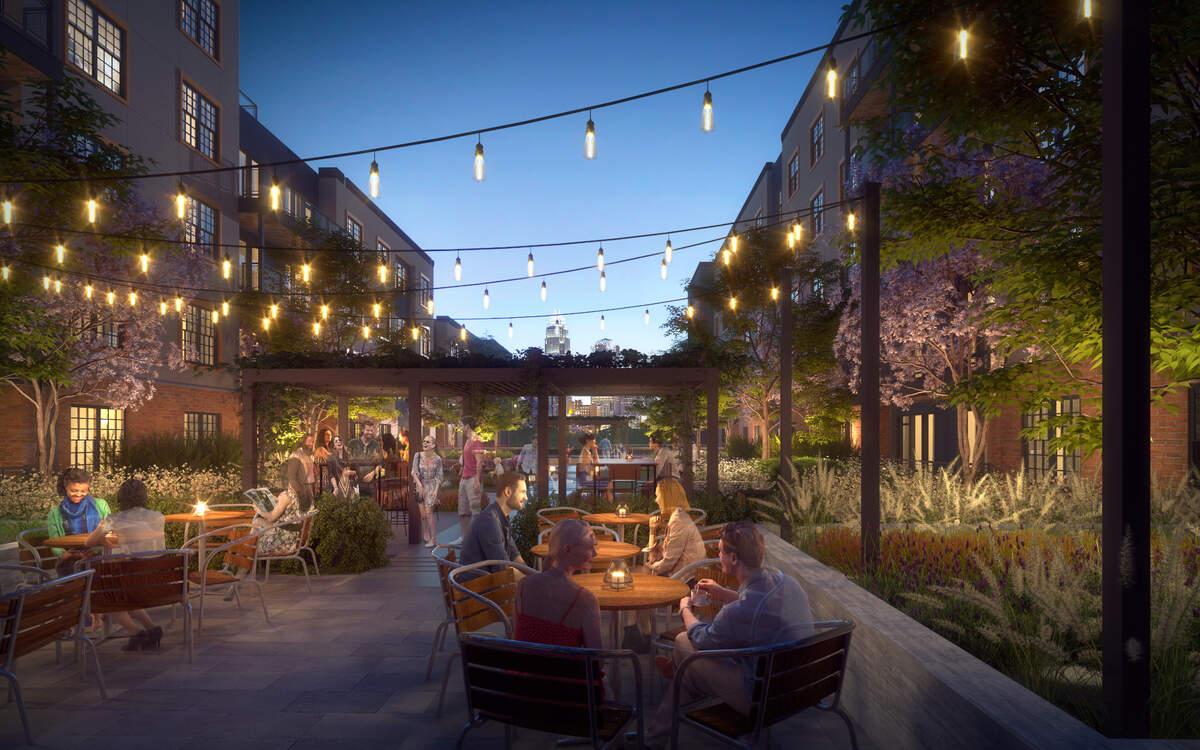 A rendering shows a courtyard that will be part of a new 350-unit apartment project near Optimist Park. Construction is expected to start this summer.