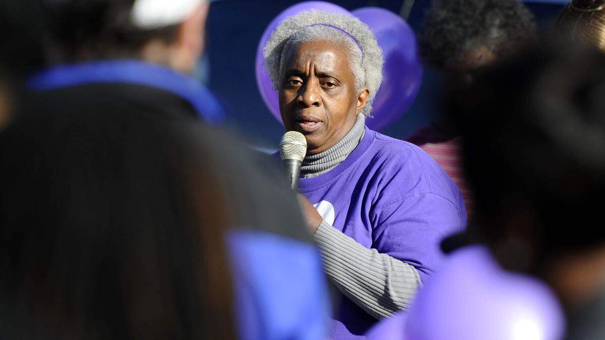 Judy Williams of Mothers of Murdered Offspring talk to the crowd during the annual New Year’s Day Balloon Release as part of the Release of Remembrance Service on Thursday, January 1, 2015. 