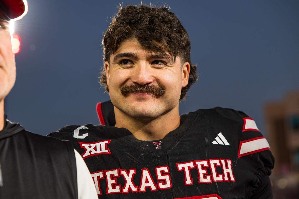Texas Tech linebacker Jacob Rodriguez smiles during an interview after a 2025 game against UCF. 