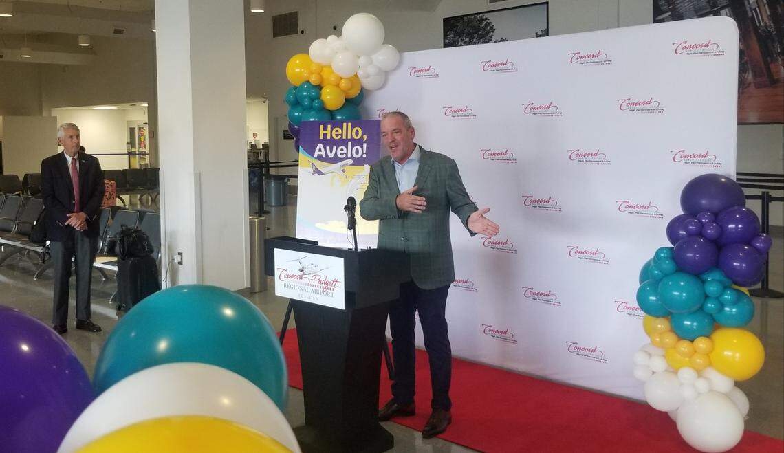 Jim Olson, Avelo head of brand and communications, makes an announcement about new routes coming to Concord-Padgett Regional Airport Wednesday July 24.