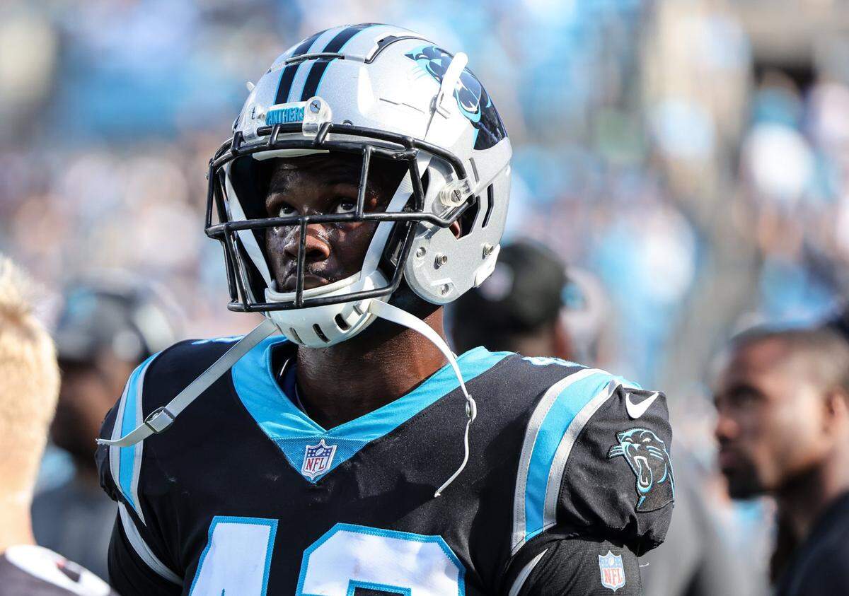 Carolina Panthers Sam Franklin Jr. looks up during the fourth quarter against the Philadelphia Eagles at the Bank of America Stadium in Charlotte, N.C., on Sunday, October 10, 2021.