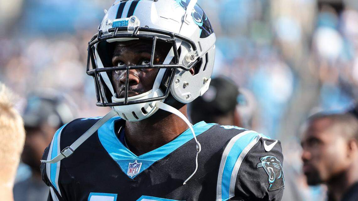 Carolina Panthers Sam Franklin Jr. looks up during the fourth quarter against the Philadelphia Eagles at the Bank of America Stadium in Charlotte, N.C., on Sunday, October 10, 2021.