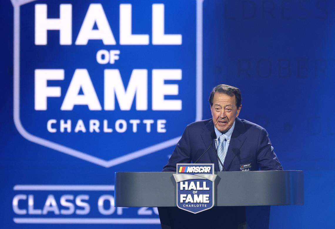 Former NASCAR driver Harry Gant thanks all of his fans, crewmen and sponsors during his NASCAR Hall of Fame Induction Ceremony speech at the Charlotte Convention Center in Charlotte, NC on Friday, January 23, 2026. 