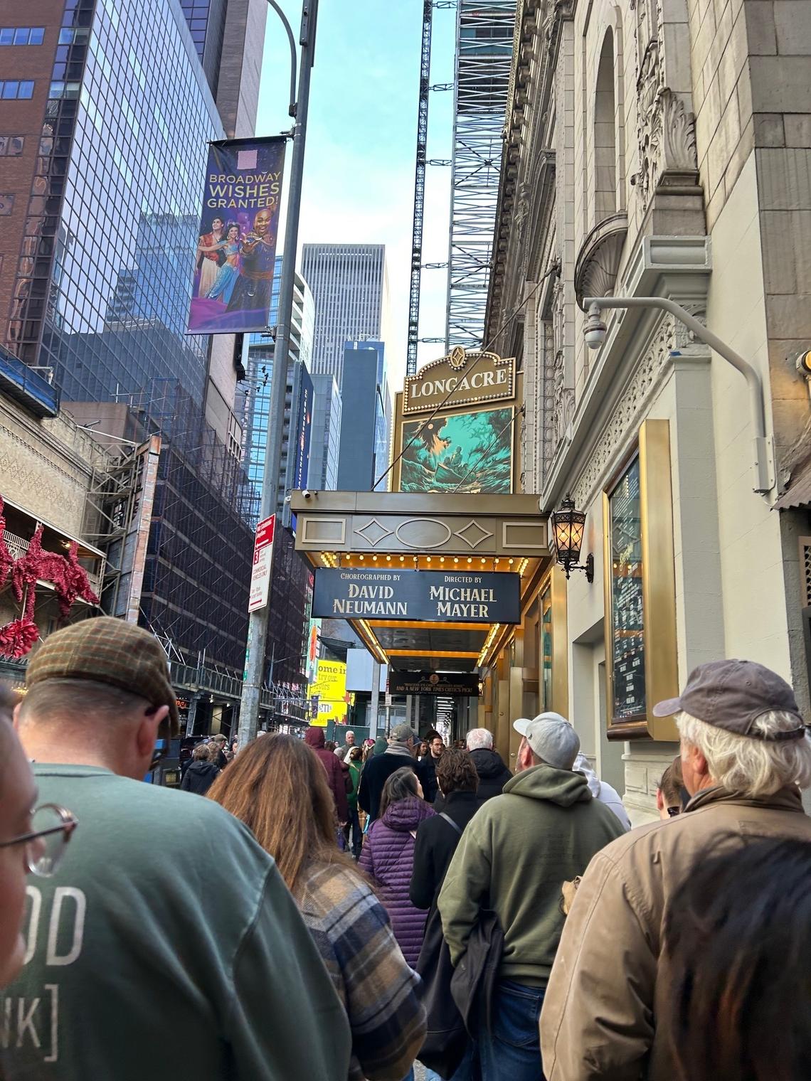 “Swept Away” has seen sold-out shows since the Broadway show announced it was closing early; it recently got a two-week extension. The line seen here for the Sunday, Dec. 8, matinee extended down the block to get into the Longacre Theatre.