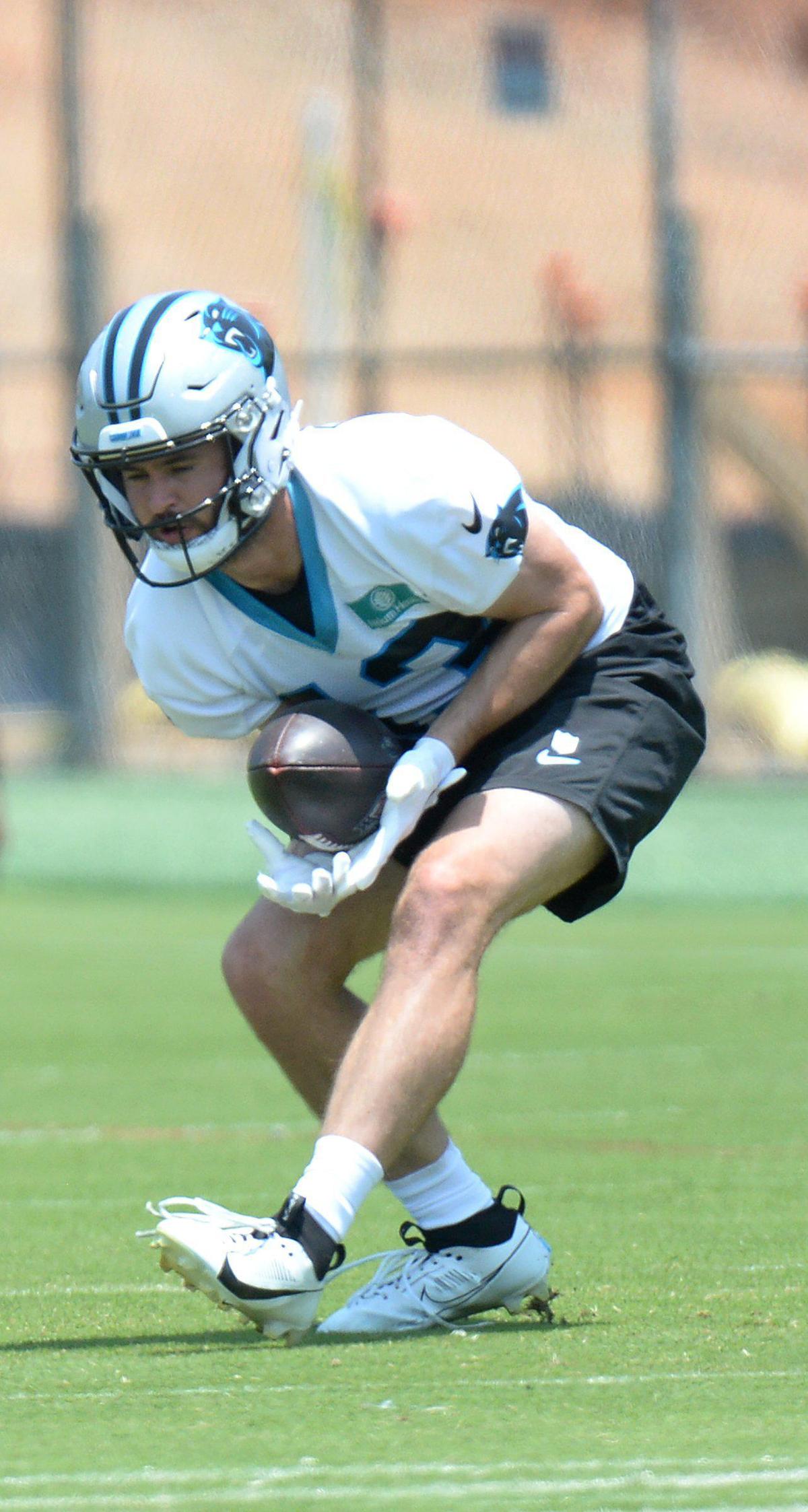 Hunter Renfrow, #13, a Panthers wide receiver, hauls in a practice pass. The Carolina Panthers, in their second week of organized team activities, ran through drills on Tuesday, June 3, 2025 at their practice facility in uptown Charlotte.