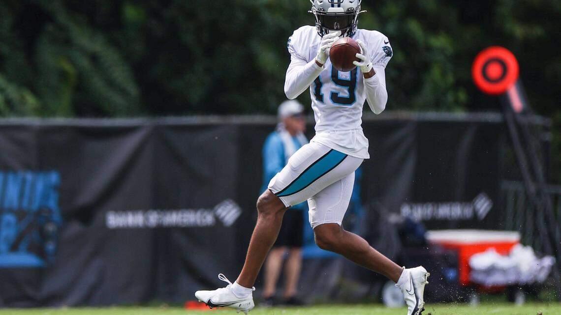 Panthers wide receiver Keith Kirkwood makes a catch during training camp at Wofford College on Tuesday, August 9, 2022 in Spartanburg, SC.