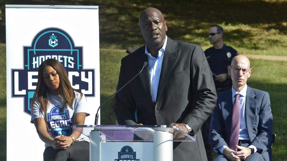 Hornets owner Michael Jordan speaks at the dedication of the basketball courts by the Hornets and NBA at Latta Park in Dilworth, Tuesday morning, October 18, 2016.