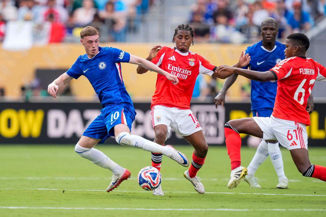 Chelsea FC midfielder Cole Palmer (10) kicks the ball during the second half during a round of 16 match of the 2025 FIFA Club World Cup on Saturday at Bank of America Stadium.