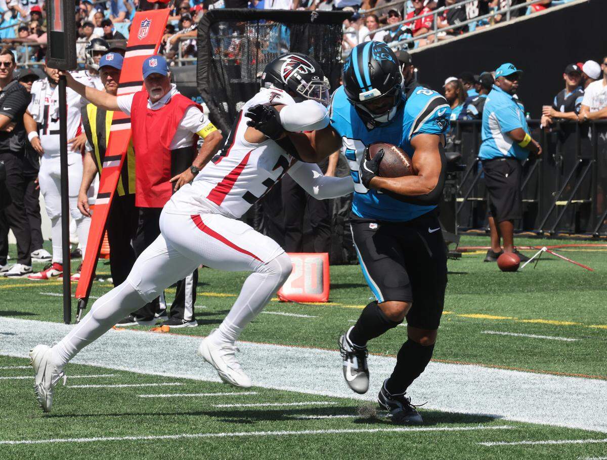The Panthers’ Tommy Tremble catches the ball near the end zone against the Falcons at Bank of America Stadium in Charlotte, North Carolina, on Sunday, Sept. 21, 2025.