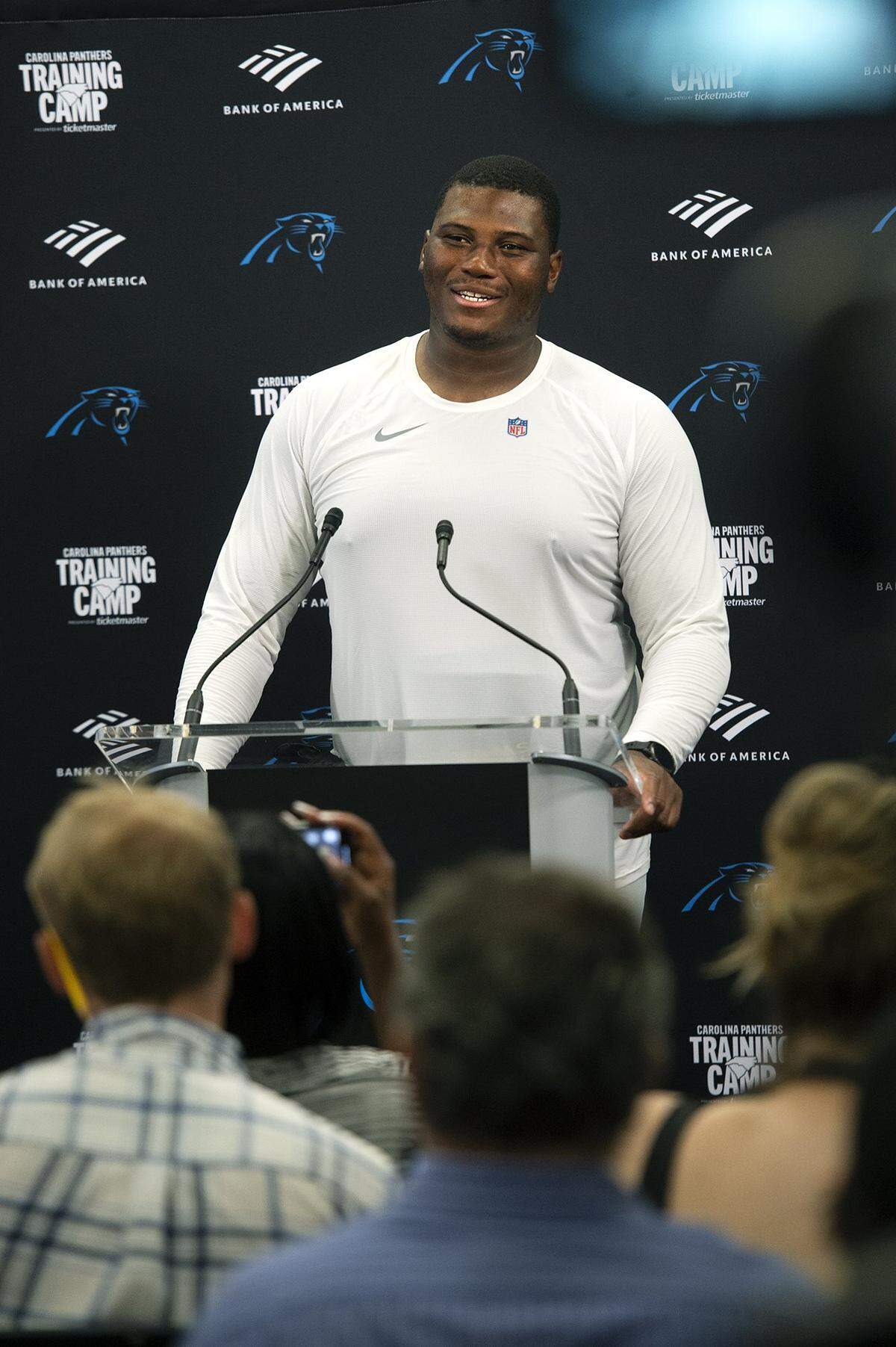 Panthers #95, Derrick Brown, spoke to the media after practice Saturday at Bank of America Stadium.Fans celebrated the return of Panthers’ football during practice at Bank of America Stadium on Saturday, July 27, 2024 as part of the annual Back Together Saturday event. Practice, which began at 9:30 a.m.,  included performances by the Panthers entertainment group and activities for fans. Fans cheered on players like Bryce Young (#9), Xavier Legette (#17), Damien Lewis (#68) and head coach Dave Canales.