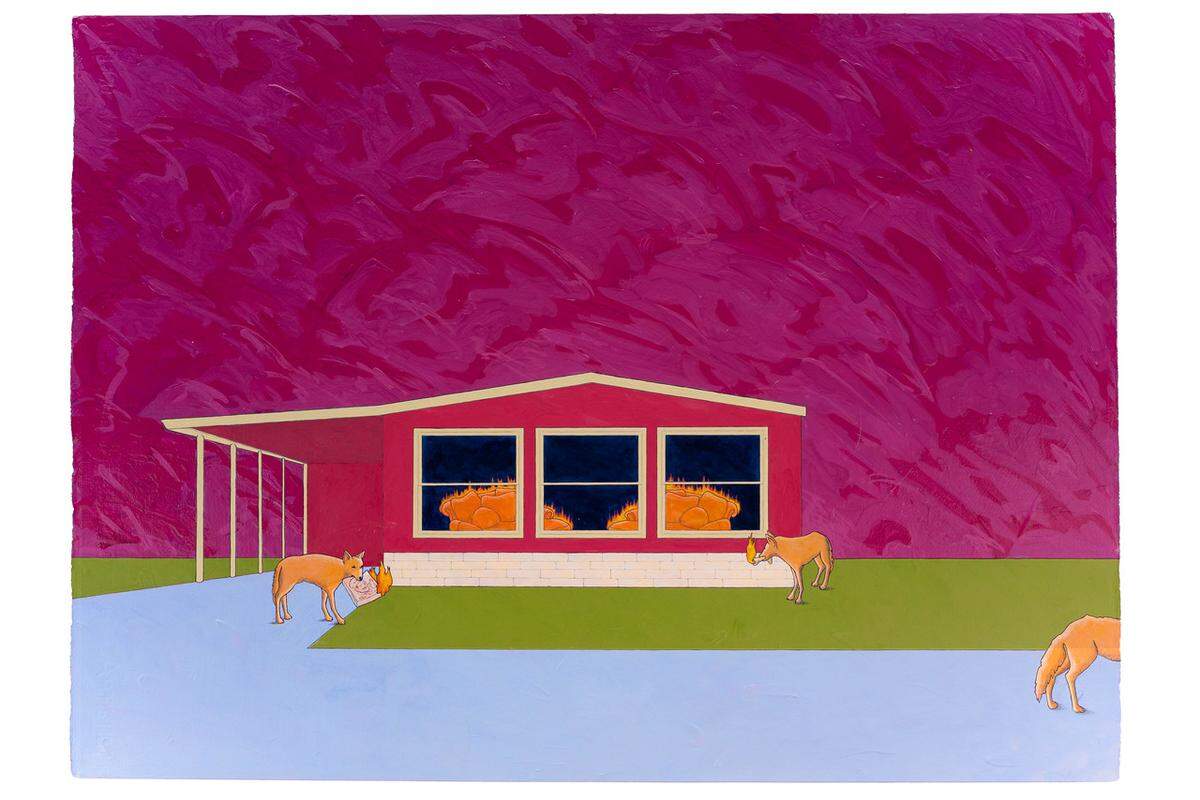Charlotte artist Barbara Schreiber painted “Eminent Domain” in 2018. Initially, she thought it should contain birds of prey. But she painted over them after seeing coyotes lounging in her urban backyard.