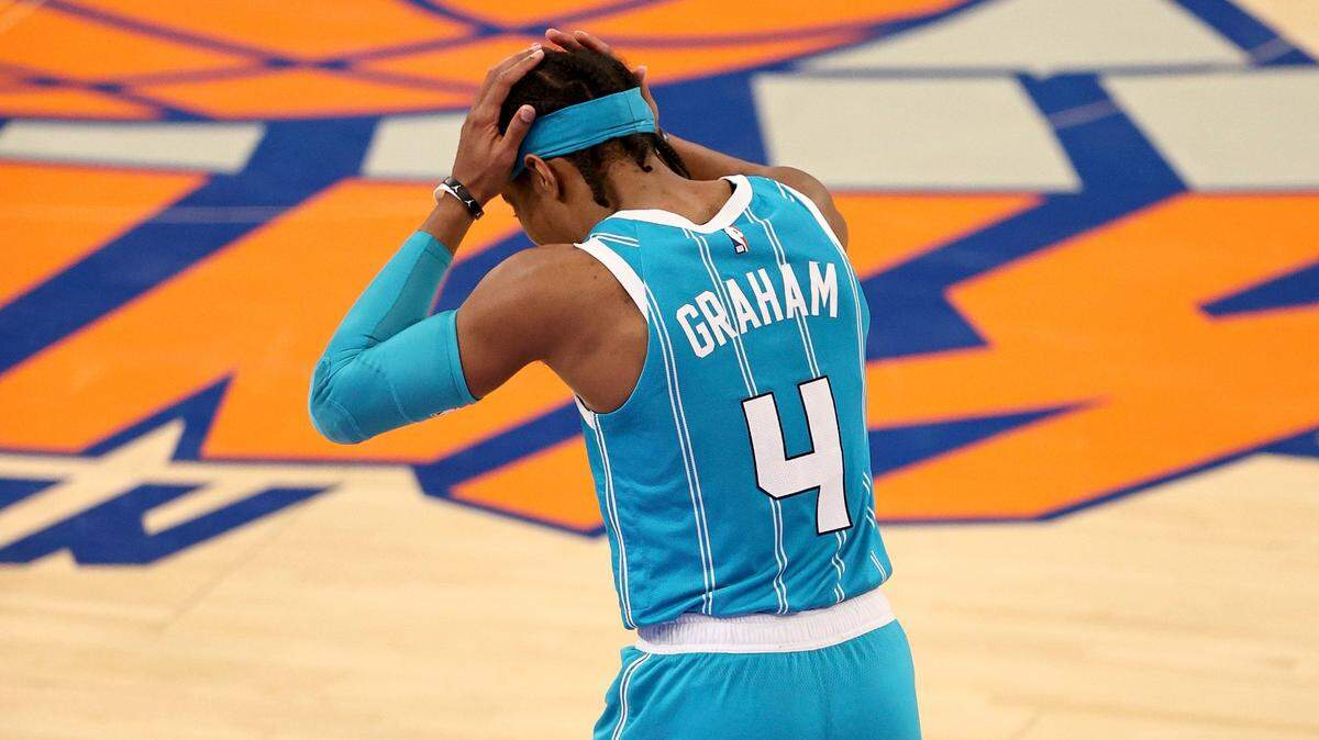 Charlotte Hornets’ Devonte’ Graham reacts after he missed a shot in the closing seconds of the fourth quarter of an NBA basketball game against the New York Knicks at Madison Square Garden, Saturday, May 15, 2021, in New York. (Elsa/Pool Photo via AP)