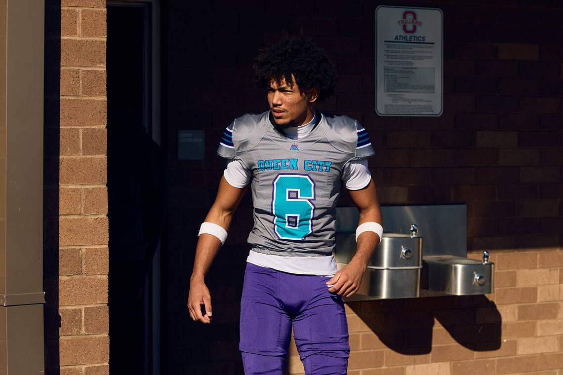 East Mecklenburg ATH James Bailey (6) gets ready for the start of the Queen City Senior Bowl hosted at Olympic High School.