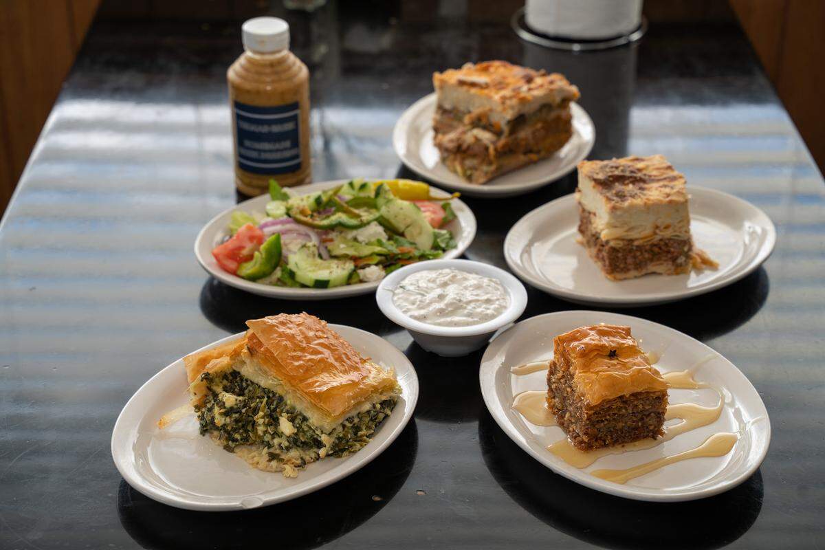 The Mad Greek Restaurant has a variety of food including spanakopita, baklava, pastichio, its own greek dressing, moussaka, greek salad, and tzatziki.
