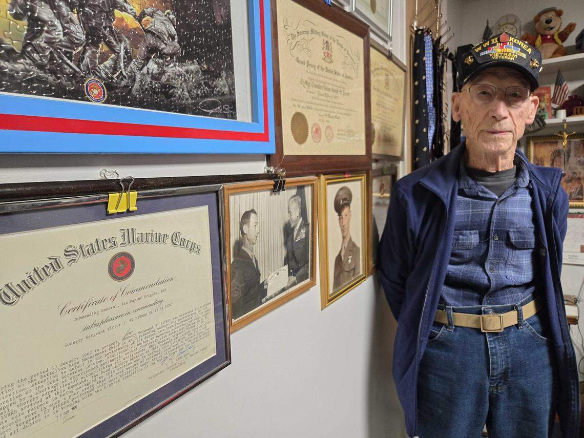 Charlotte veteran Vic St. Pierre, 99, served in the U.S. Marines from 1944 to 1970
