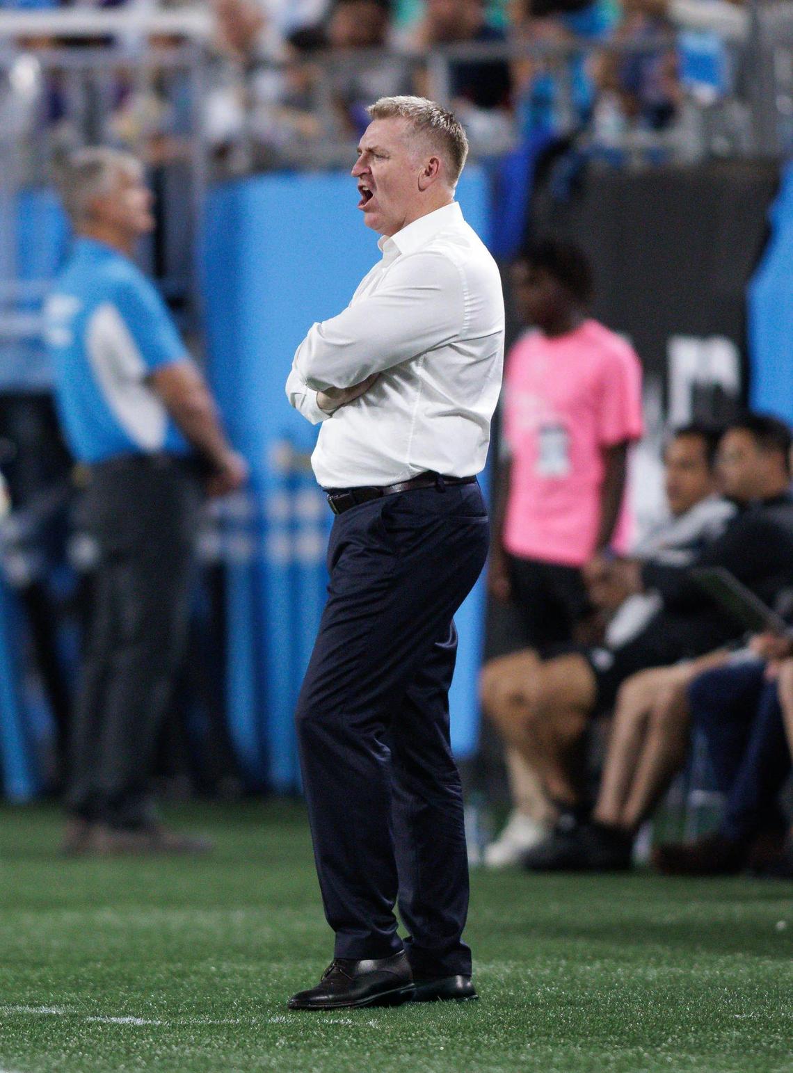 Charlotte FC Head Coach Dean Smith (center) looks on as his team would have several scoring opportunities. Charlotte FC would host Orlando City in Game 2 of the MLS Playoffs Friday November 1, 2024.