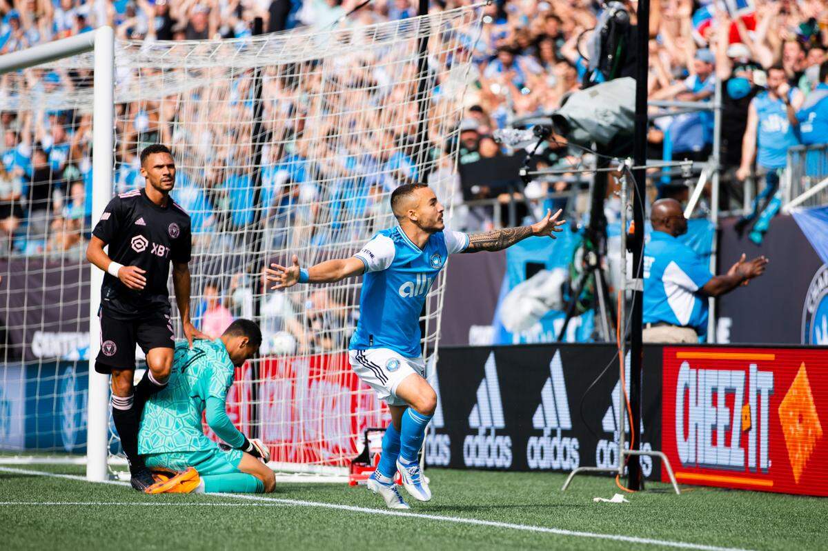 Charlotte FC forward Andre Shinyashiki scores against Inter Miami at Bank of America Stadium on May 7, 2022.