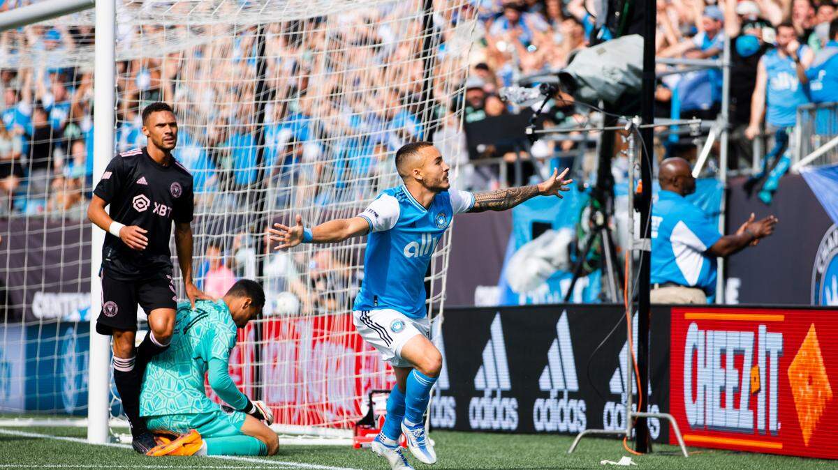 Charlotte FC forward Andre Shinyashiki scores against Inter Miami at Bank of America Stadium on May 7, 2022.