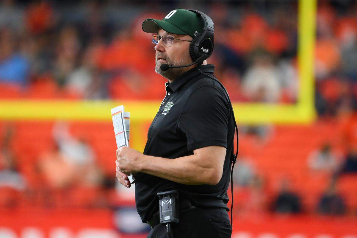 Aug 31, 2024; Syracuse, New York, USA; Ohio Bobcats head coach Tim Albin looks on during the first half against the Syracuse Orange at the JMA Wireless Dome. Mandatory Credit: Rich Barnes-USA TODAY Sports