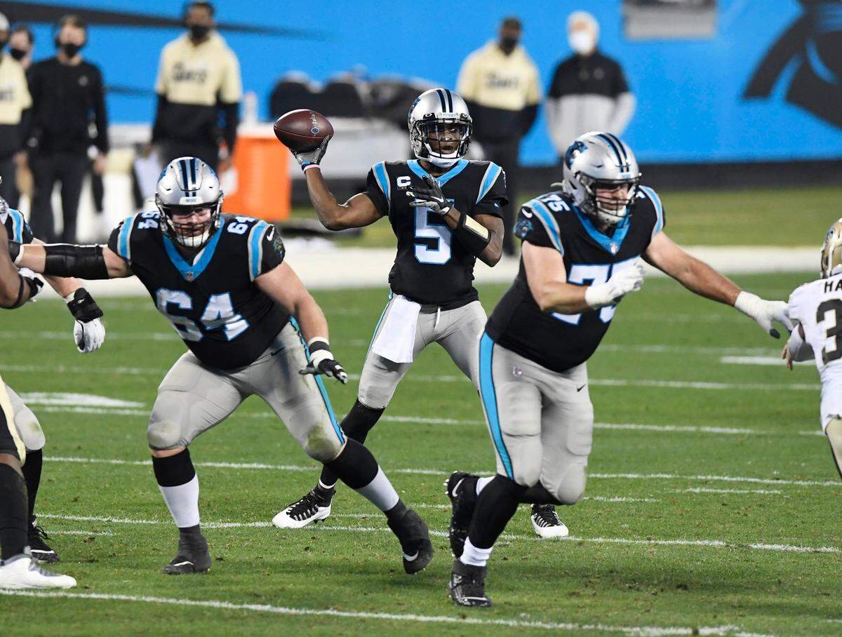 Carolina Panther quarterback Teddy Bridgewater (5) drops backs against the New Orleans Saints Sunday. Bridgewater was 4-11 as a starter in 2020 for the Panthers.