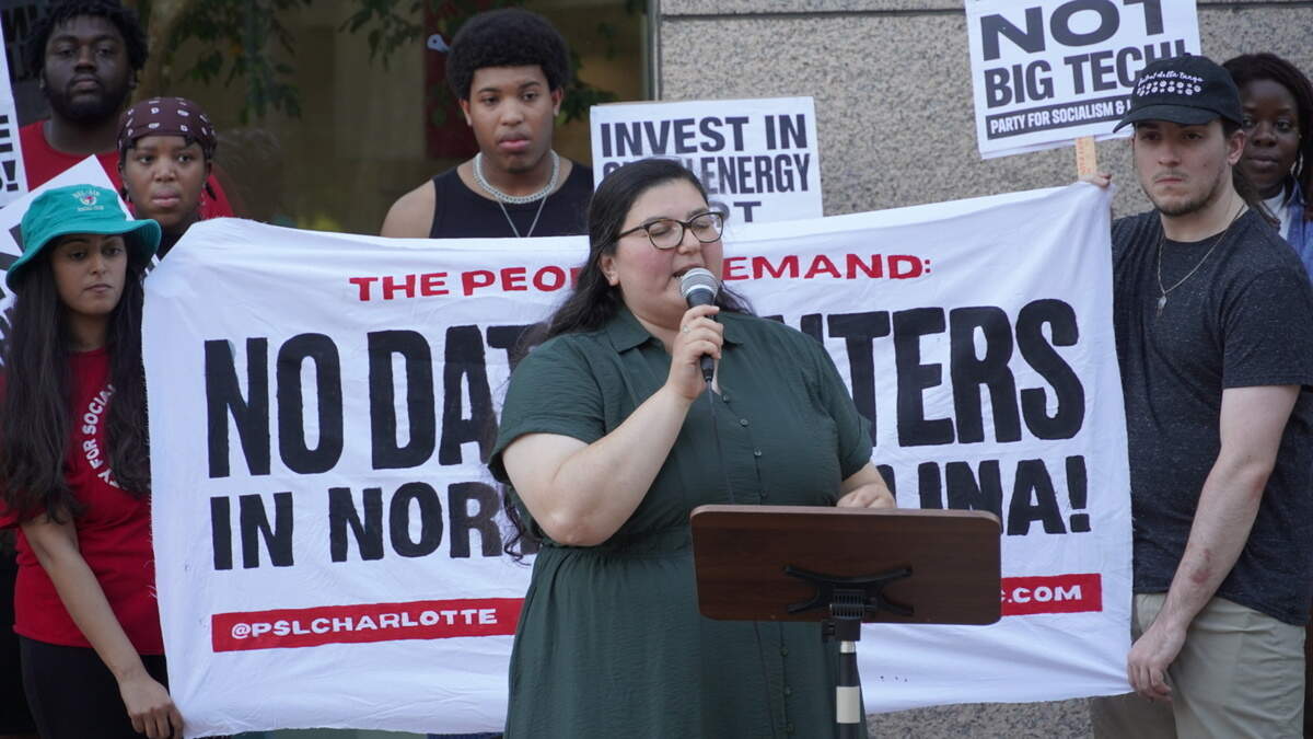 Activists with the Party for Socialism and Liberation (PSL) came together in Charlotte to hold a news conference against data centers.