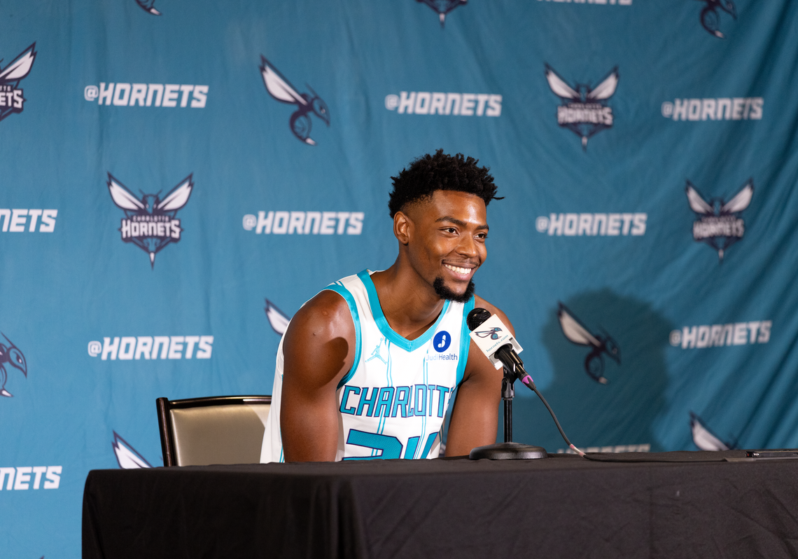 Charlotte Hornets forward Brandon Miller speaks to reporters at the team’s NBA Media Day at Queens University on Monday.