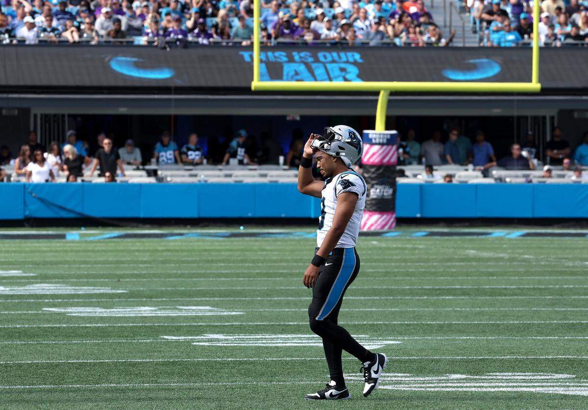 Carolina Panthers quarterback Bryce Young walks off the filed after being sacked during fourth quarter action against the Minnesota Vikings at Bank of America Stadium on Sunday, October 1, 2023. The Vikings defeated the Panthers 21-13.