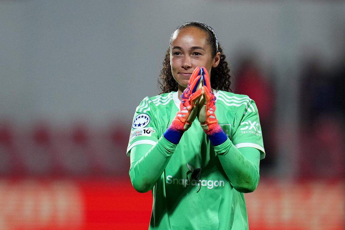 Phallon Tullis-Joyce of Manchester United applauds the fans following the team's victory during the UEFA Women's Champions League 2025/26 league phase match between Club Atletico de Madrid and Manchester United Women at on Oct. 16, 2025 in Madrid, Spain.