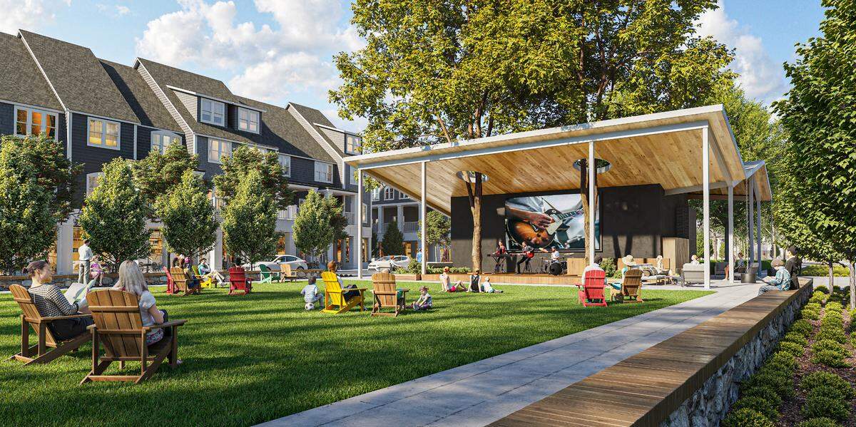 A new plaza for outdoor concerts and events is part of the redevelopment plan at Birkdale Village in Huntersville.