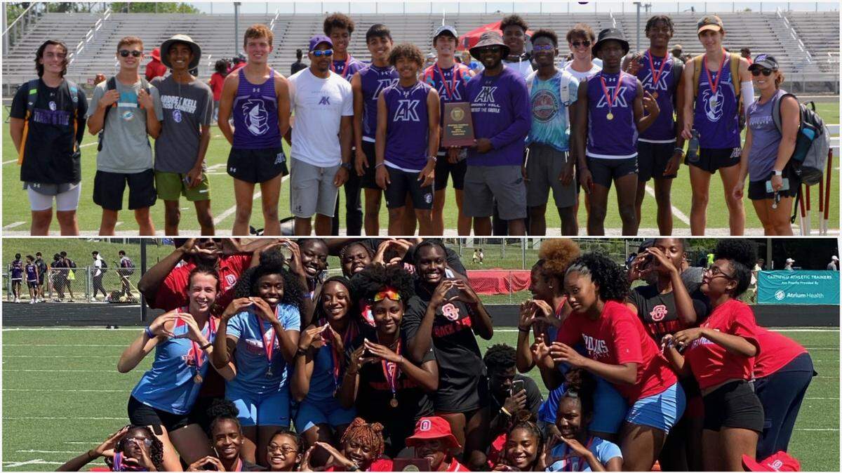 Track teams from Ardrey Kell (boys, top) and Olympic (girls) won NC 4A Western Regional titles Friday