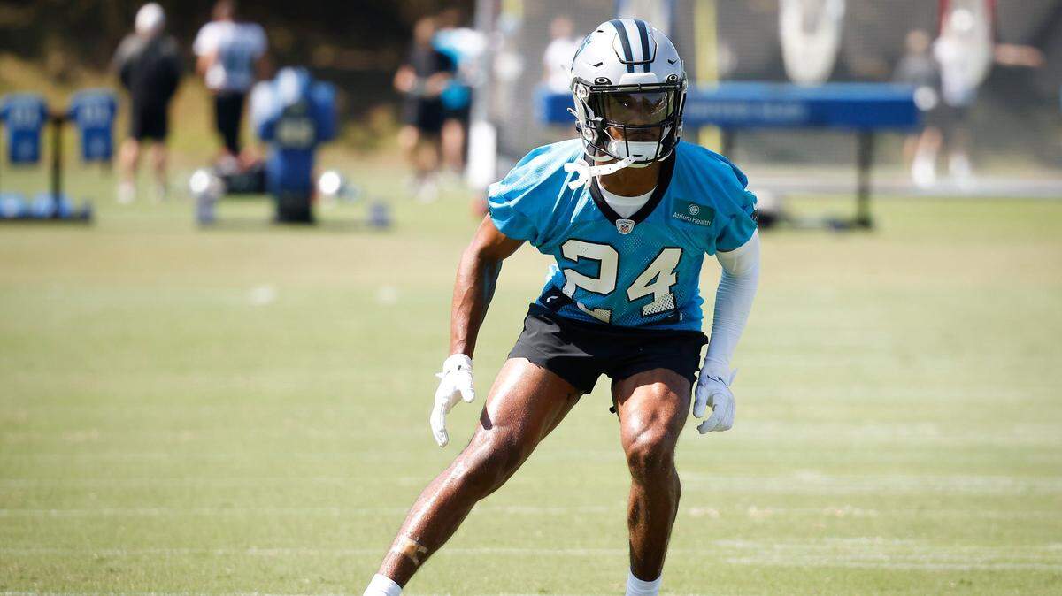 Carolina Panthers cornerback CJ Henderson (24) runs down field during the teams training camp practice at Wofford College in Spartanburg, S.C., Thursday, July 28, 2022.