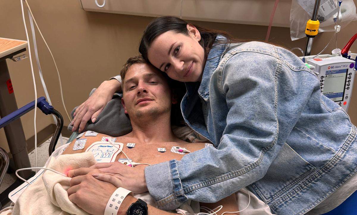 Val Kovalenko with his wife Tanya in his hospital room after his Dec. 13 heart attack.