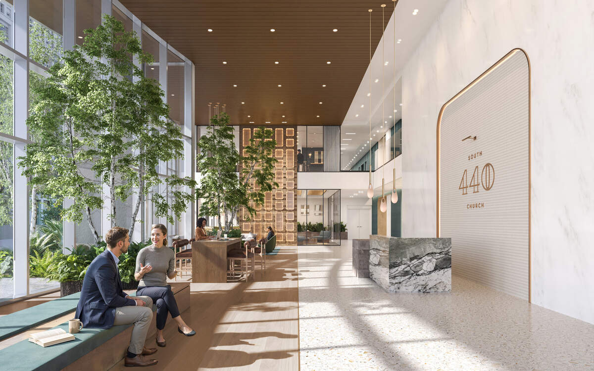 A rendering of the updated lobby space for 440 S. Church St. The uptown Charlotte office tower is getting a $20 million facelift.