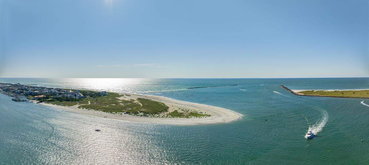 An aerial view of the Masonboro Island inlet near Wrightsville Beach, North Carolina.